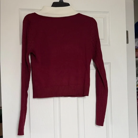 Burgundy Cardigan sweater  with Cream Collar size L - Picture 6 of 8